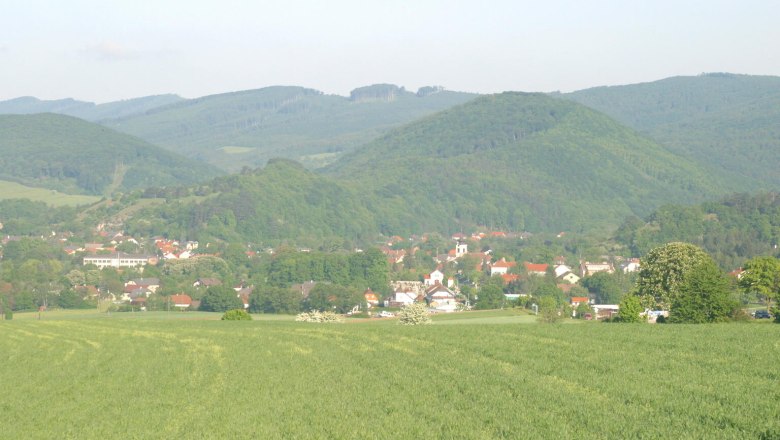 Alland overview, © Wolfgang Ploy Landscape view of Alland with green fields and wooded hills in the background.