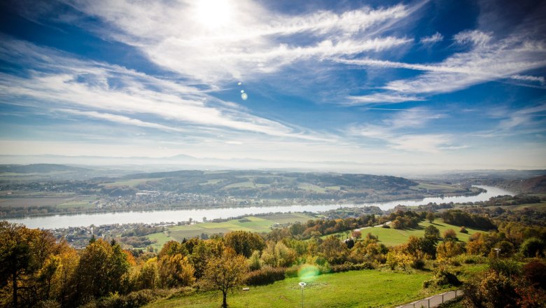View from the Hotel Schachner, © Hotel Schachner Panoramic view of a river landscape with green fields and blue sky.