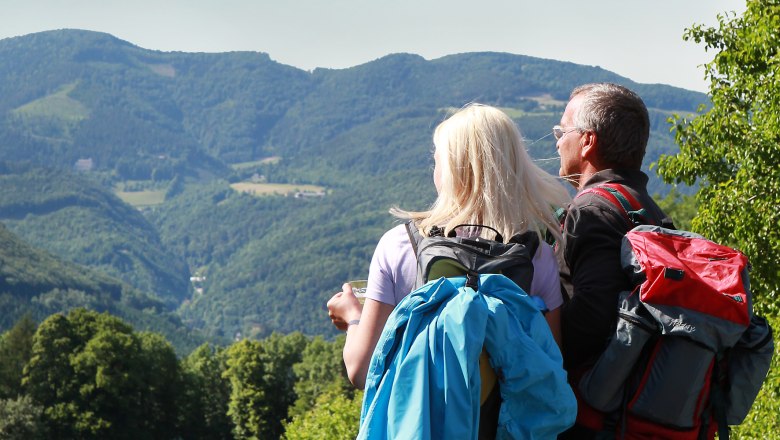 Two hikers with rucksacks look out over a mountainous landscape.