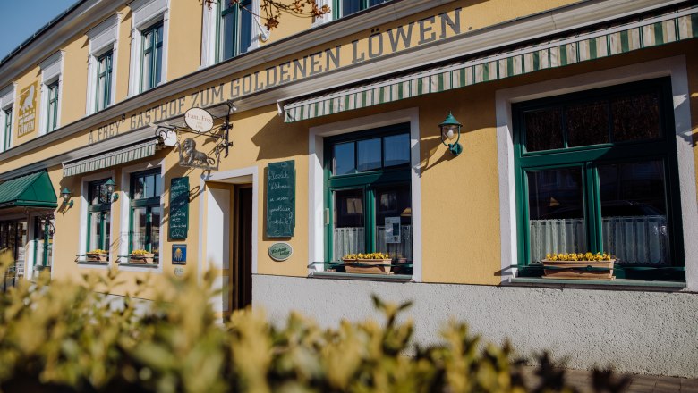 Yellow inn 'Zum Goldenen L&ouml;wen' with green shutters and flower boxes.