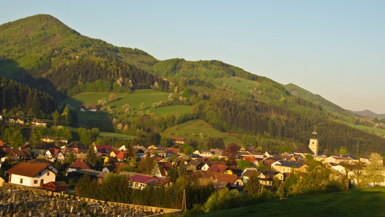 Panorama of St. Veit an der G&ouml;lsen with church and mountains in the background.