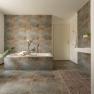 Modern bathroom with bathtub, plants and towel.
