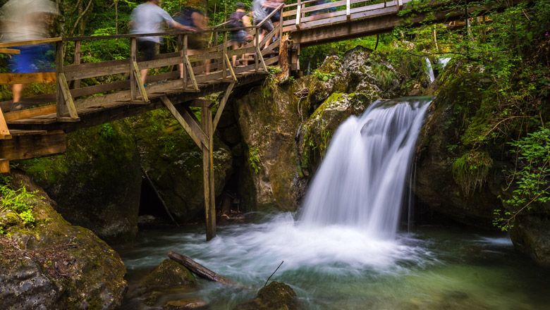 Wooden bridge over waterfall in wooded surroundings.