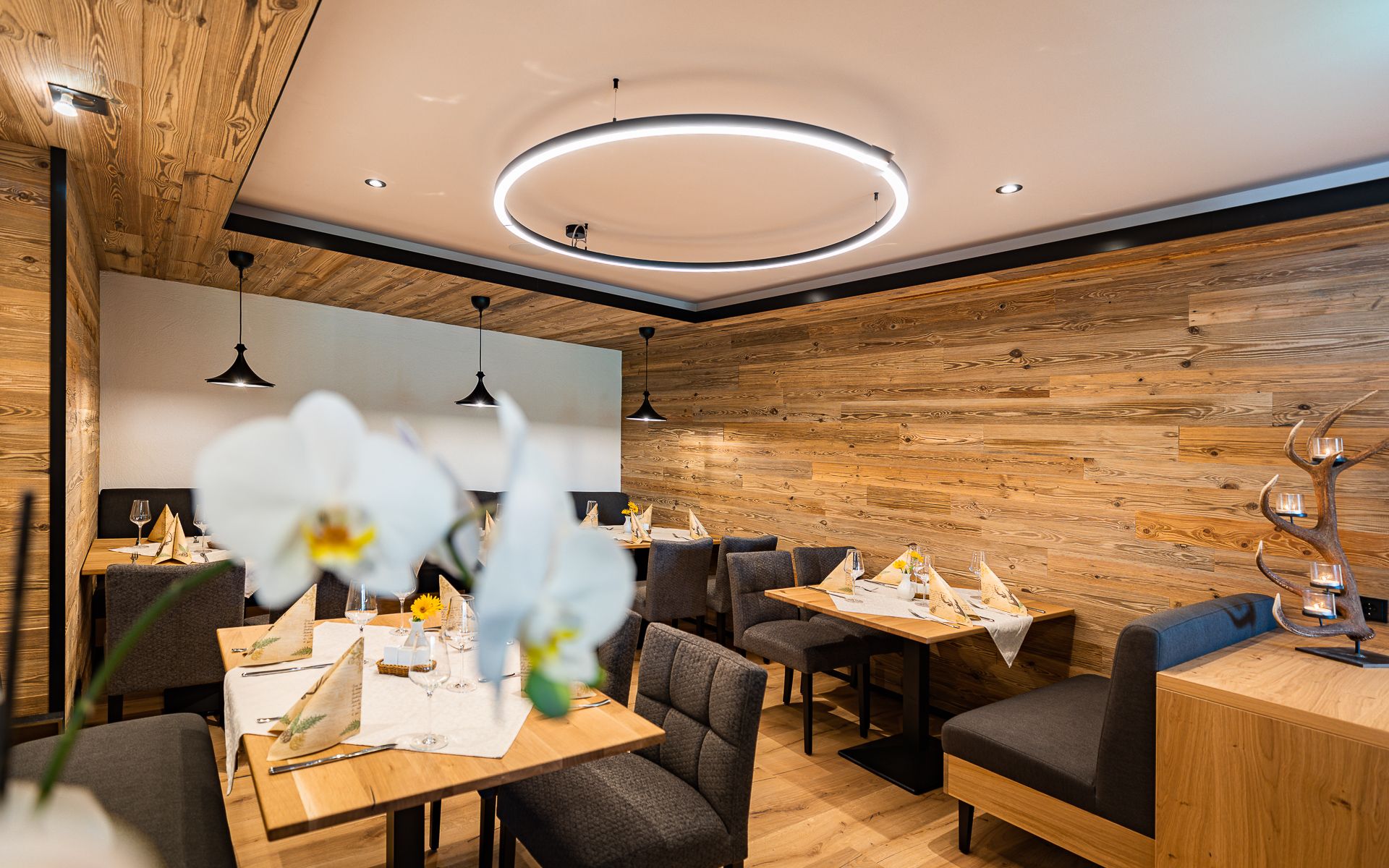 Cozy restaurant with wooden walls, modern lighting and elegantly laid tables.