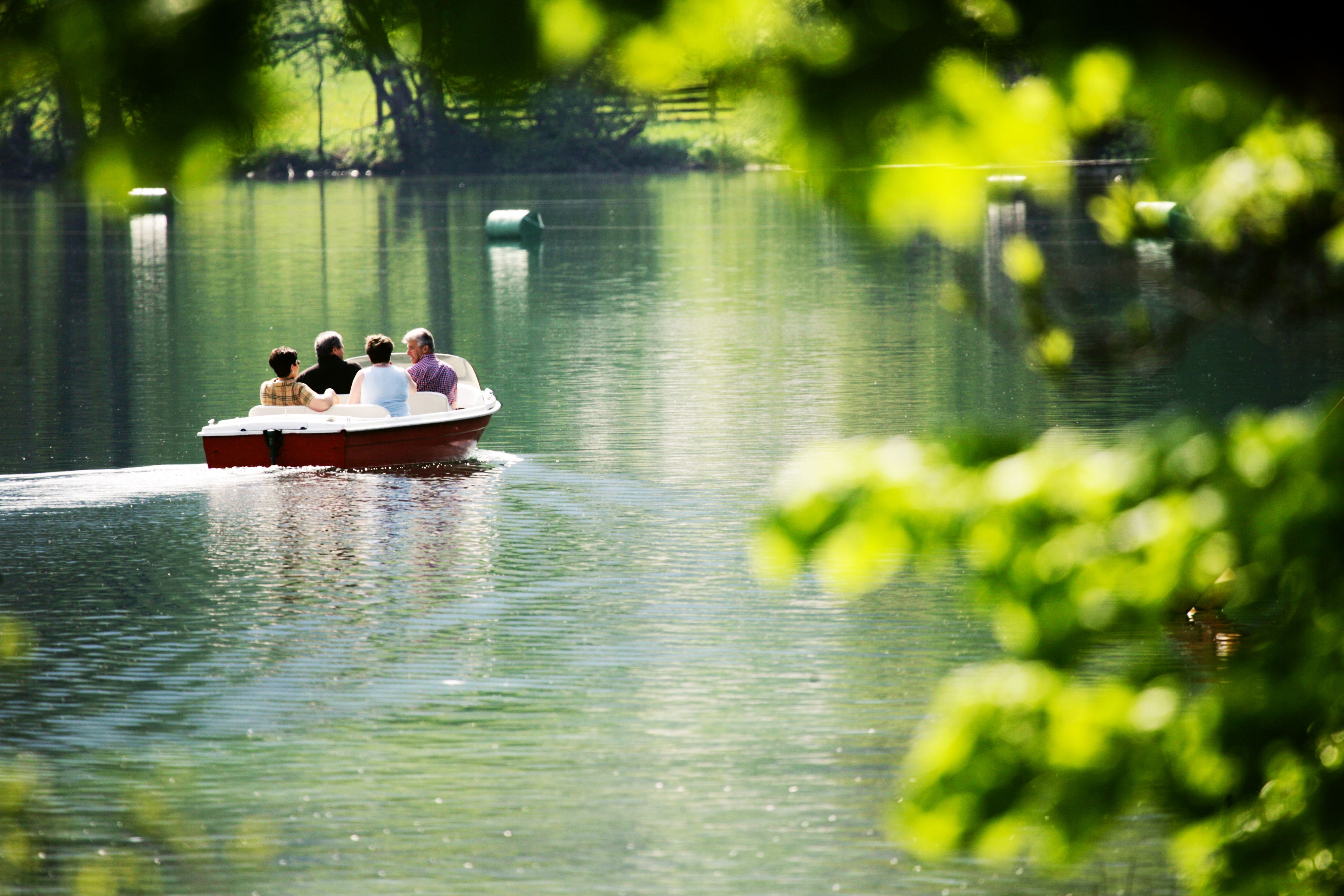Four people in a boat on a calm lake, surrounded by green nature.