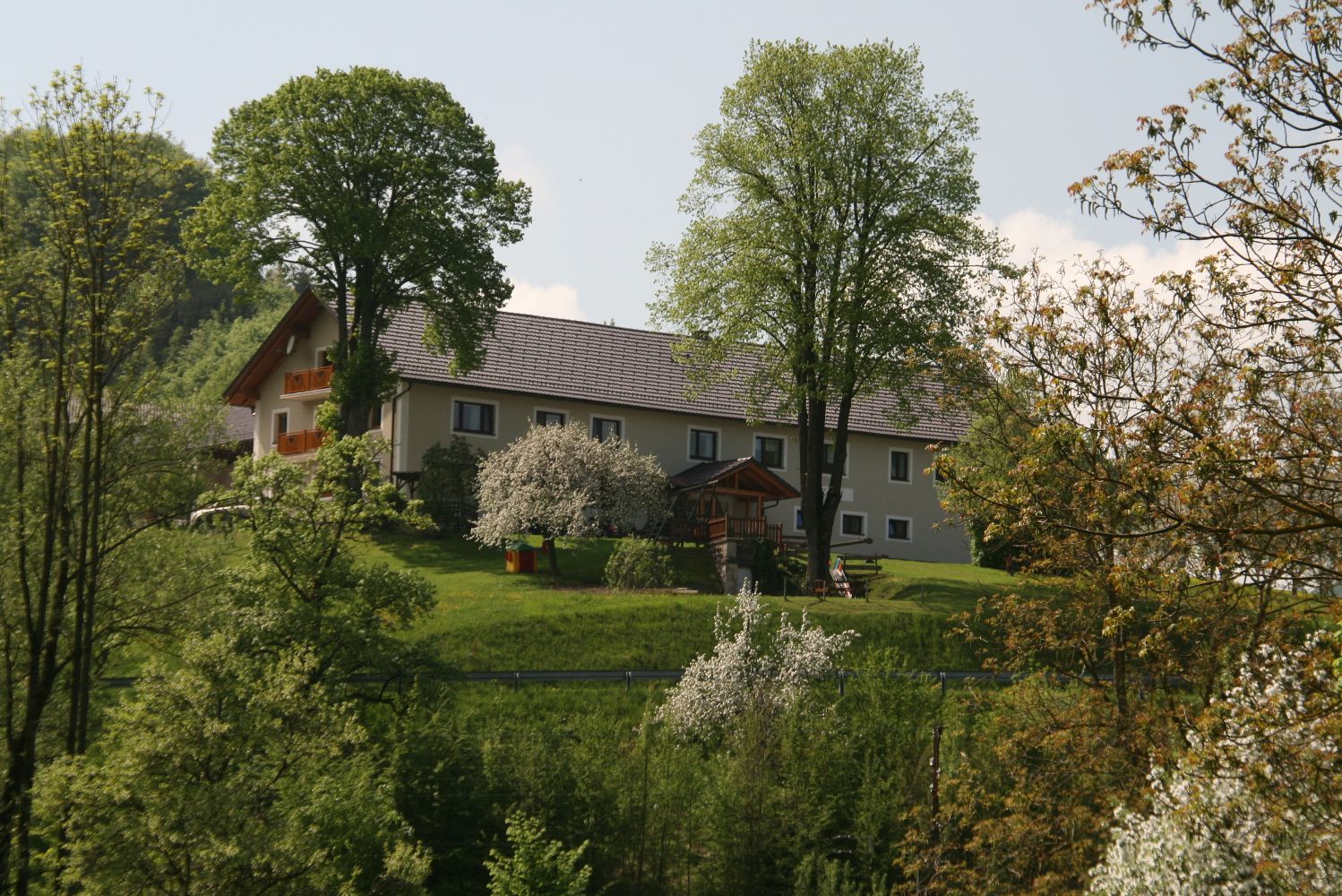 A farm on a green hill, surrounded by trees and flowering shrubs.