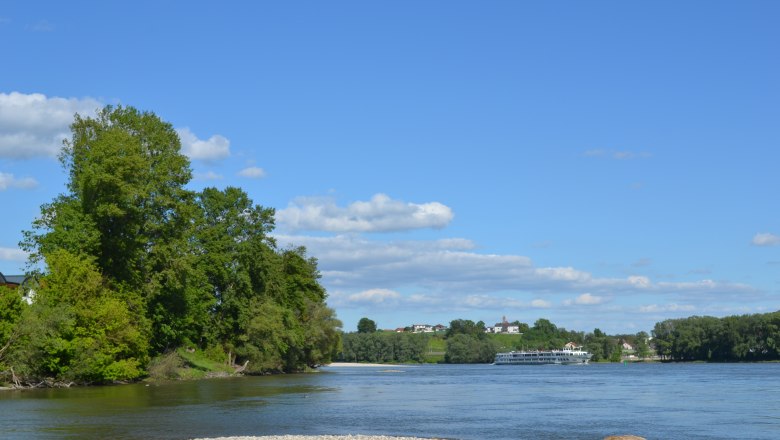 River landscape with trees and a ship on the Danube.