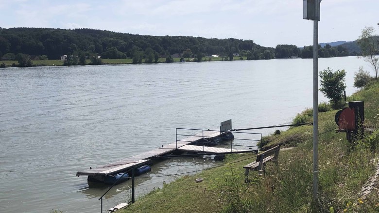 Jetty on the riverbank with bench and vegetation.