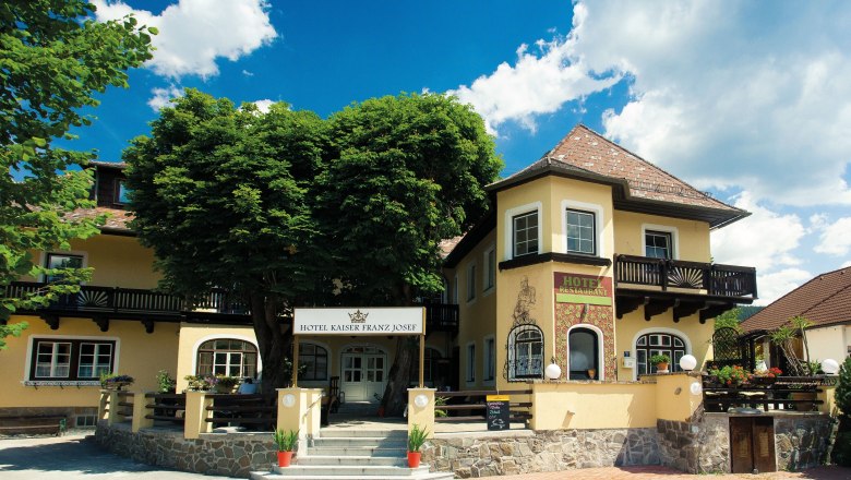Exterior view of the Hotel Kaiser Franz Josef with yellow façade and trees.
