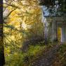 Autumn scene in Lilienfeld Abbey Park with foliage and a small building.