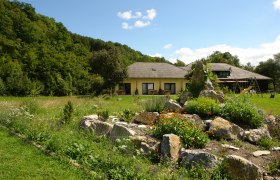 A yellow house with a garden and rocks in the foreground, surrounded by trees.