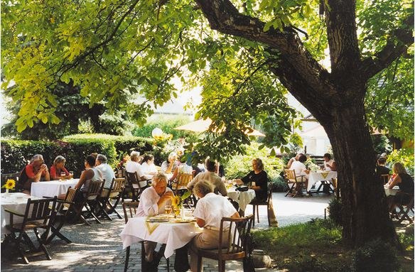 People sit outside under trees at tables and enjoy a meal.