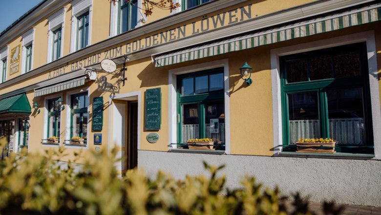 Exterior view of a yellow building with the inscription 'Zum goldenen Löwen'. Windows with flower boxes and green awnings.