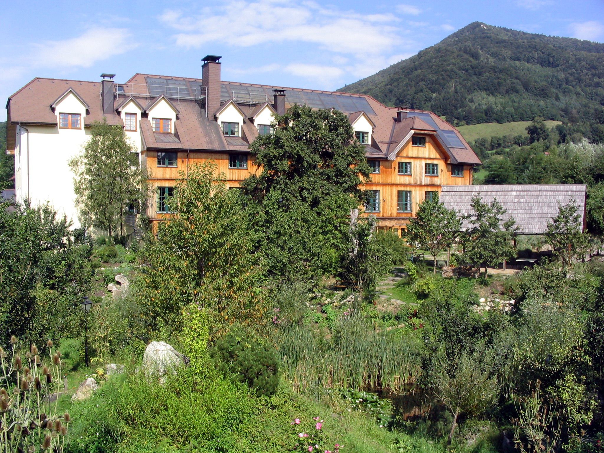 A large building with a wooden façade, surrounded by lush greenery and a mountain in the background.