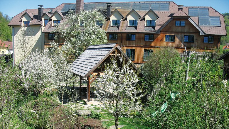 A hotel in the Dirndl Valley with blossoming trees and a garden.