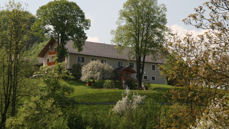 A farm on a green hill, surrounded by trees and flowering shrubs.