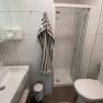 Modern bathroom with shower, washbasin and toilet.