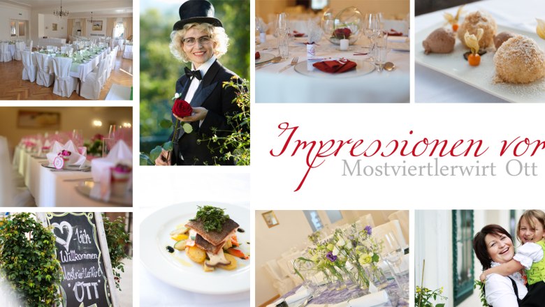 Collage of impressions of the Mostviertlerwirt Ott with laid tables, food and cheerful people.