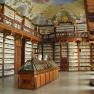Interior view of the library in Seitenstetten Abbey with richly decorated wooden shelves and busts.